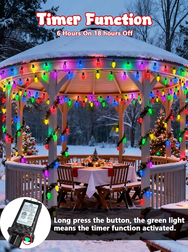 2-Pack Extentable C9 Christmas Lights Outdoor Indoor 66 FT 100 LED Christmas String Lights Plug in with 8 Modes &amp Timer Waterproof Fairy Twinkle Light for Xmas Tree Yard Decorations (Multi-Color
