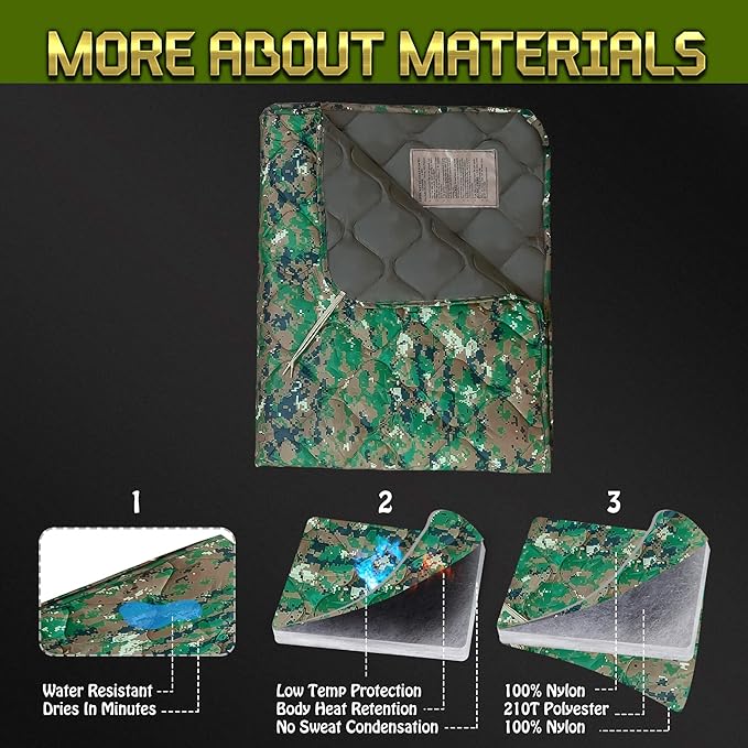 Woobie Blanket Thermal Insulated Military Poncho Liner Water-Resistant Portable Insulation for Hiking Survival with Compression Carry Bag (Marpat)
