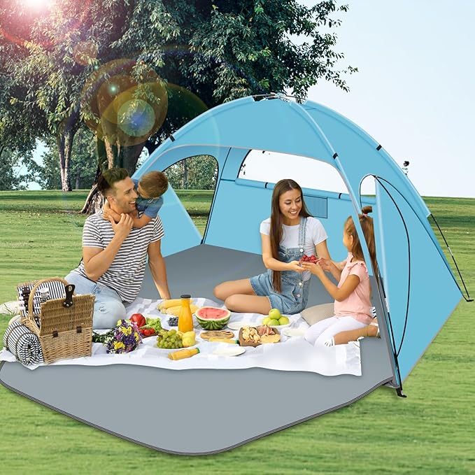 Beach Tent Sun Shelter Beach Shade Tent with UPF 50+ UV Protection for 2-3 Person Portable &amp Easy Setup Cabana Beach Tent 3 Roll Up Doors &amp 8mm Fiberglass Rods Carry Bag Included