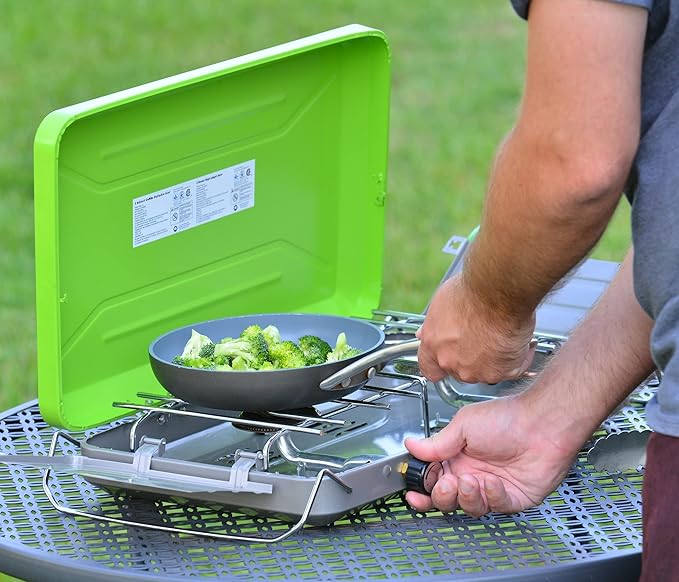 Flame King VT-101 2-Burner Portable Camping Stove Grill Great for Outdoor Cooking Backpacking Compatible with 1LB Propane Gas Bottle