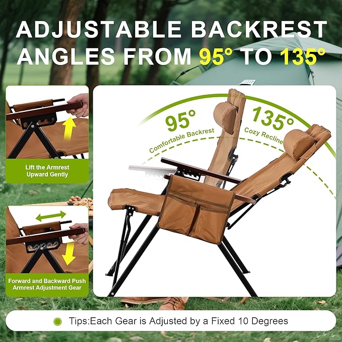 Camping Chairs for Adults-Adjustable 95°-135° Hign Back Heavy Duty Folding Lawn Chairs with Detachable Headrest Side Pocket Hold Up 300 Lbs Yellow