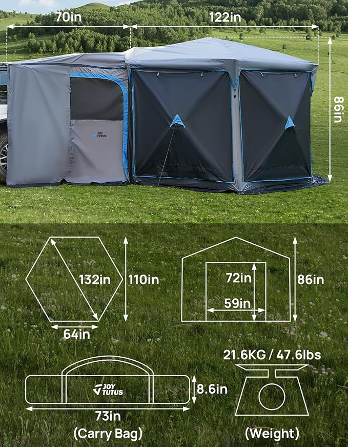 JOYTUTUS Dual-Use Pop up SUV Tent for Camping 11x11 Ft Outdoor Gazebo Screen SUV Tailgate Tent for Family Vehicle Camping Canopy Shelter Portable Carry Bag