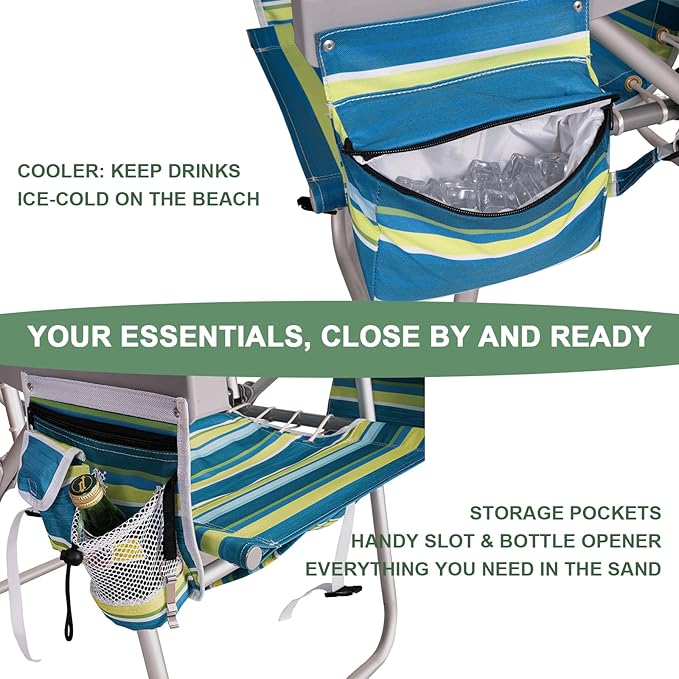 Romswi Tall Beach Chair for Adults 17 High Seat Backpack Beach Chair with Cooler Bag Cup &amp Phone Holder 5-Position High Back Reclining Chair with Towel Bar &amp Zipper Pocket Blue Stripes