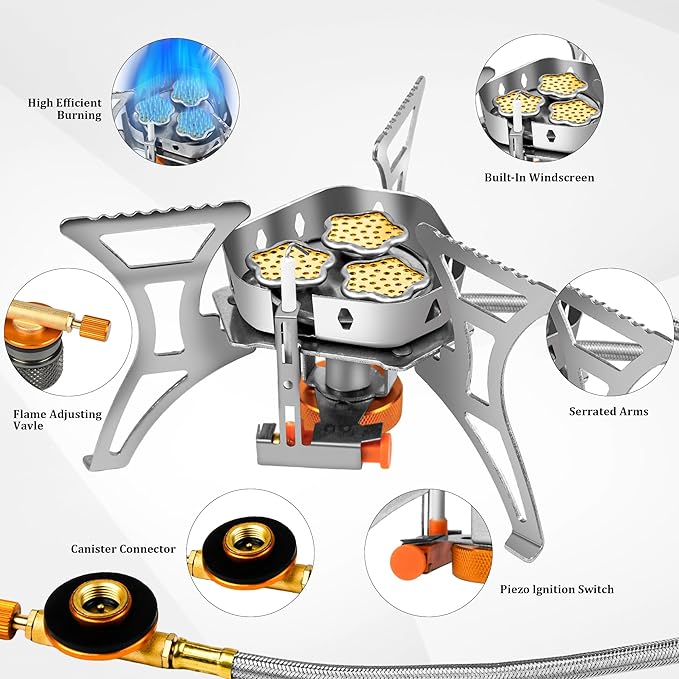 6800W Camping Backpacking Stove Outdoor Portable Burner Cooking Stove with Fuel Canister Adapter Piezo Ignition Carry Case Foldable Windproof Camping Gas Stove for Picnic Hiking
