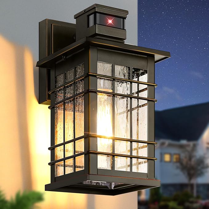 Motion Sensor Outdoor Light Fixture Wall Mount Dusk to Dawn Oil-Rubbed Bronze Waterproof Outside Porch Light with E26 Base Anti-Rust Exterior Wall Lantern with Bubble Glass for House Garage Garden