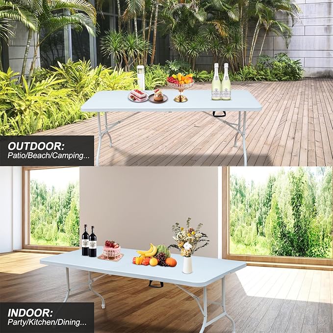 ZeHuoGe Portable Folding TableLightweight Picnic Party Dining Camp Table Folding Banquet TableMultifunctional Camping Table (White 6ft)