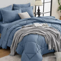 HEVUMYI Dusty Blue Cali-King Comforter Set - 7-Piece All Season Bed in a Bag Cali-King Ultra Soft Bedding Set with Comforter Flat Sheet Fitted Sheet Pillowcases Pillow Shams