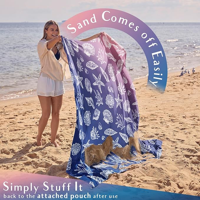 WEKAPO Beach Blanket Waterproof Sandproof &amp Sand-Free Beach Mat with Stakes &amp Built-in Storage Bag – Oversized Extra Large Perfect for Outdoor (Deep Blue Sea Shells 8 X 7 FT (1~4 Person))