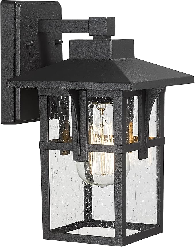 Outdoor Light Fixture HWH Large Outdoor Wall Lantern 1-Light Exterior Wall Mount Light with Seeded Glass Matte Black Finish 15 Height HX1B BK (Large)