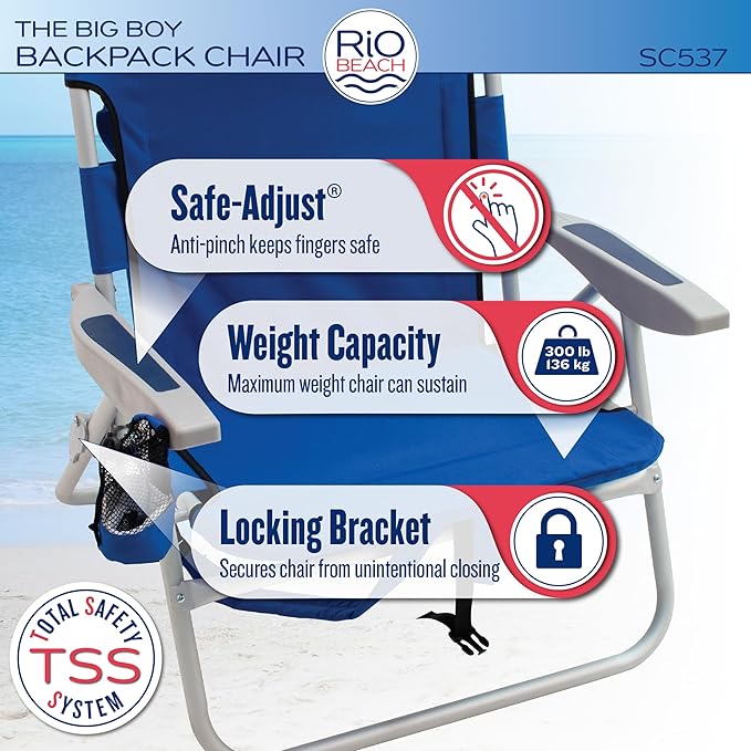 RIO beach Big Boy 4-Position 13 High Seat Backpack Beach or Camping Folding Chair Pop Surf Stripes