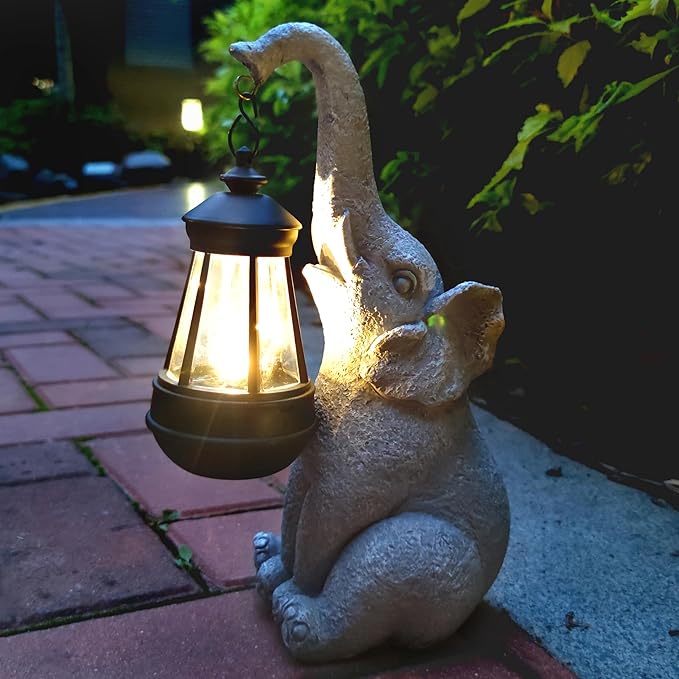 Elephant Solar Garden StatuesResin Elephant Figurine Decorations with Solar Lights Lantern Outdoor Figurines Lawn Garden Statue Decor Art for LawnYard Balcony Ornament.