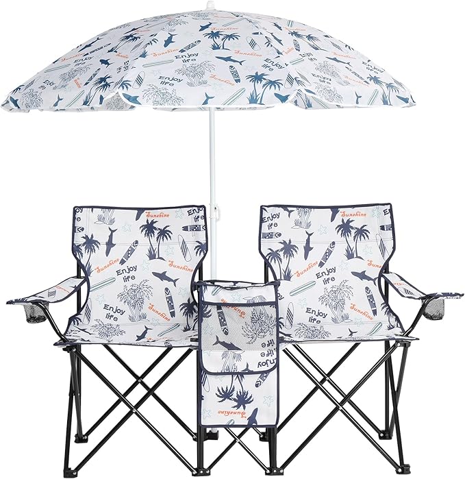 Double Folding Camping Chair W/Umbrella Fold Up Table Beverage Holder Carrying Bag Cooler for Patio Pool Park Outdoor Beach Picnic Portable (Coconut)