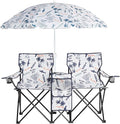 Double Folding Camping Chair W/Umbrella Fold Up Table Beverage Holder Carrying Bag Cooler for Patio Pool Park Outdoor Beach Picnic Portable (Coconut)