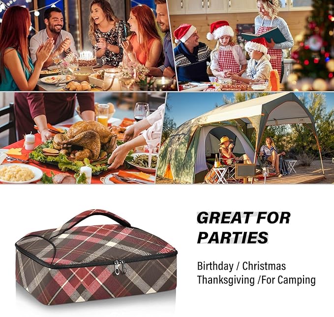 Casserole Carrier Red and Brown Tartan Print Insulated Casserole Carrier for Hot or Cold Food Thermal Lunch Tote for Parties Picnic Travel Carry Bag