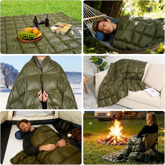 Down Camping Blanket - Lightweight Packable Warm &amp Puffy Outdoor Travel Quilt for Sleep Hiking Backpacking Stadium Festivals Water-Resistant Sleeping Bag 55x79