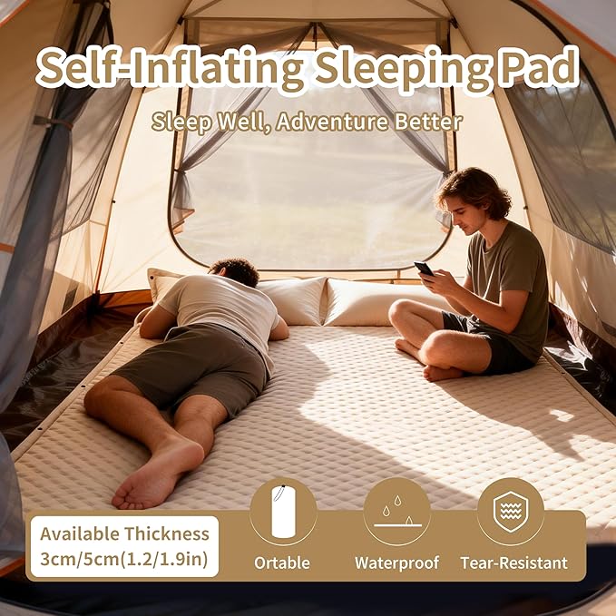 Self-Inflating Camping Mat - 1.2/2 Thick Portable Air Mattress with Pillow for Outdoor Hiking &amp Travel (Offwhite 1.2 for Two)