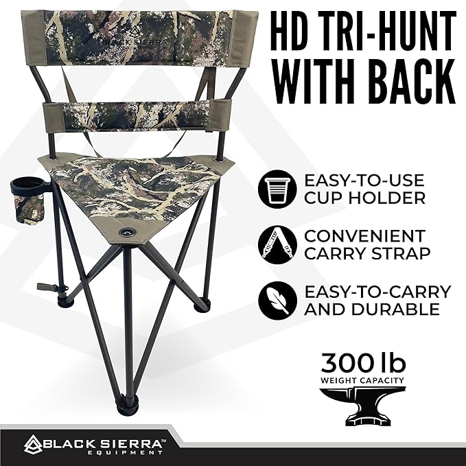 Black Sierra HD Tri-Hunt with Back Hunting Stool Foldable Tripod Seat w/Steel Frame Supports 300 Lbs Heavy Duty Fishing Chair Features Cup-Holder &amp Carry Shoulder Strap for Camping