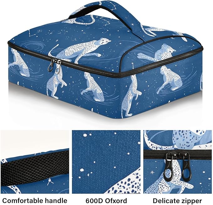 Casserole Carrier Pattern White Blue LeopardsInsulated Casserole Carrier for Hot or Cold Food Thermal Lunch Tote for Potluck Parties Picnic Beach Fits 9 x 13 Inches Baking Dish
