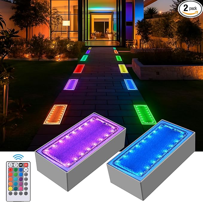 Solar Paver Color Changing Lights 8x4 Solar Pavers Light Outdoor Recessed Brick Pathway Lights IP67 Waterproof Landscape Lighting for GroundWalkway Garden Pool Patio Driveway2 Pack (RGBW)