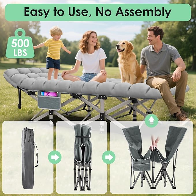 Suteck Camping Cot Folding Camping Cot Bed for Adults Sleeping 1200D Double Layer Oxford Portable Folding Outdoor Cots for Camping W/Soft Pad Carry Bag for Home Office Nap Beach Travel 500LBSGrey
