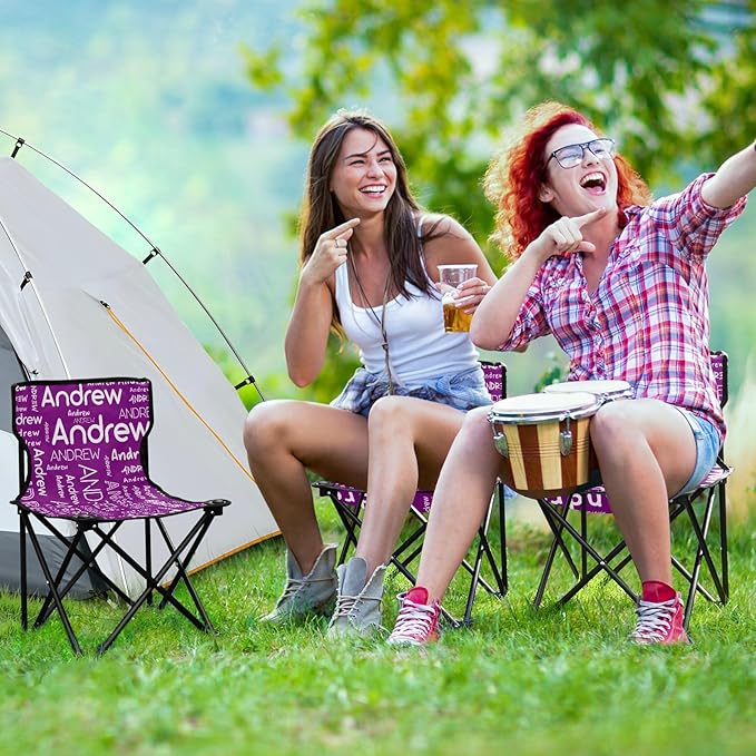 Sinestour Purple Custom Folding Camping Chair for Teen Child Personalized Name 14.6×14.6in Portable Outdoor Chair with Carry Bag for Picnic Lawn Travel