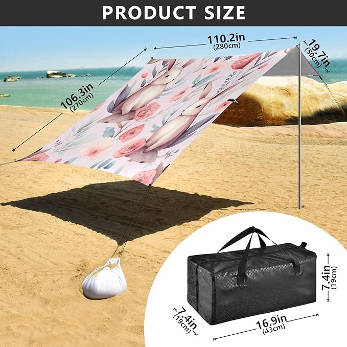 Bunnies Pink Beach Tent Sun Shelter 9.2' x 10.5' Beach Canopy with 4 Sandbags 4 Stability Poles Sand Shovels - Tent Canopy for Beach Camping Fishing Picnics