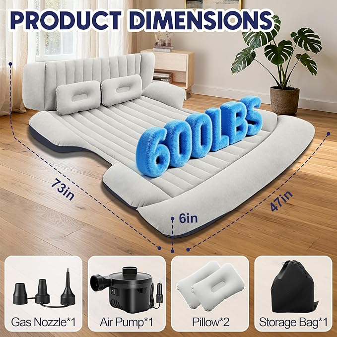 SUV Air Mattress with Air PumpThickened Camping Bed with 2 PillowsPortable Car Air MattressQuick Easy Set-UpInflatable Bed for CarDurability car Bed for SUV HomeTravelCamping(GreyBlue)