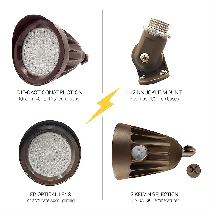 NUWATT 25W Bullet Spot Lights Outdoor LED Landscape Light 3500 LM Bright Outdoor Lighting for Yard 30K/40K/50K Selectable 1/2 Knuckle Mount 120-277V Waterproof Flag Pole Lights (6-Pack)