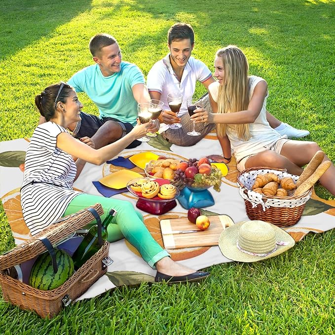 Waterproof Sandproof Beach Blanket 59''×68'' Navel Orange Polyester Outdoor Picnic Blanket with 4 Stakes &amp Storage Bag for BeachCampingVacation White