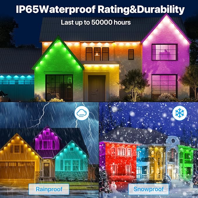 Permanent Outdoor Lights 50FT RGB+IC LED Lights with Smart APP &amp Remote Control 72 Scene Modes Waterproof IP65 for Holiday Christmas Yard Decorations(Extension Cord Not Included)