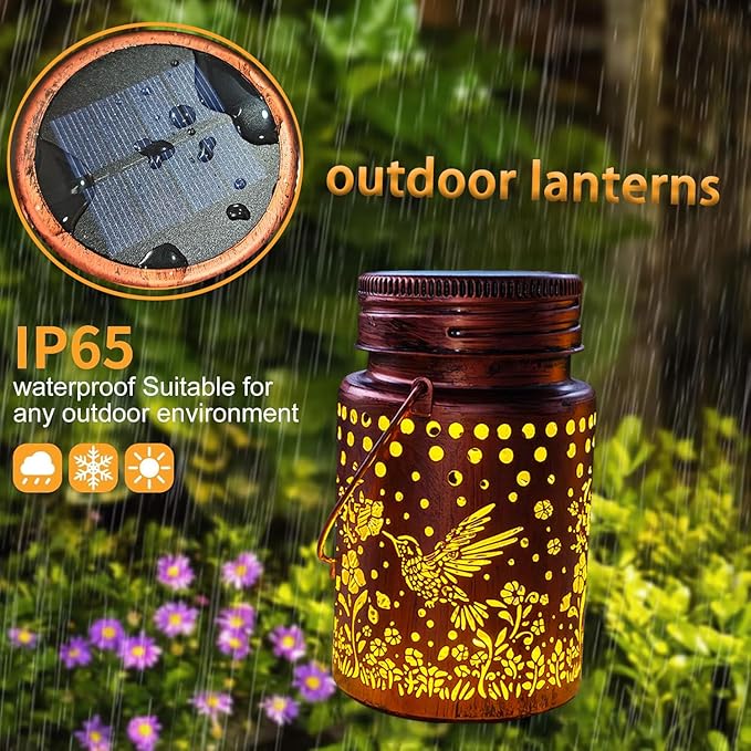 Solar Mason Lanterns Hummingbird Garden Outdoor Decor LED Light Hanging Waterproof Metal Lanterns for Patio Pathway Yard (Hummingbird 2pack)