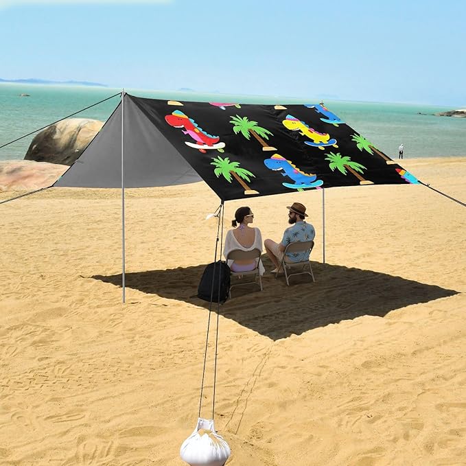 ALAZA Cute Dinosaurs Dino Palm Tree Beach Tent Sun Shelter UPF50+ Protection Beach Shade Canopy w/ 4 Sandbags for Outdoor Camping Fishing Backyard Fun Picnic 10x9 ft