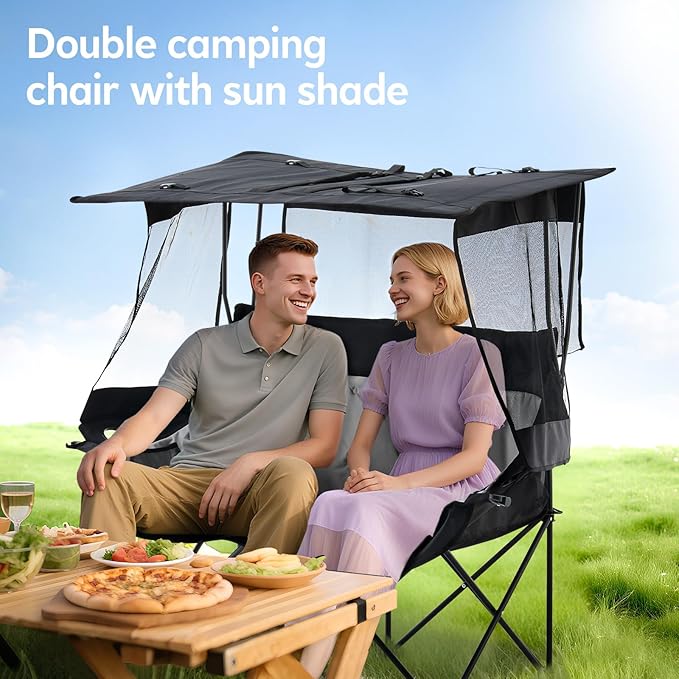 Outdoor Folding Chair with Umbrella Camping Chairs Loveseat Double Oversized Outdoor Chair with Cup Holder&ampCanopy Shade for BBQ Beach Fishing Easy Fold and Carry (Black+Grey)