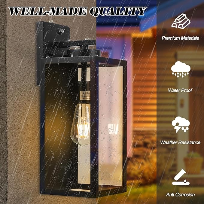 16-inch Dusk to Dawn Outdoor Wall Light Fixture Large Black Exterior Wall Lantern Waterproof Farmhouse Porch Sconce Lighting Modern Wall-Mounted Outside Lights for House Garage Patio Lamp 2 Packs