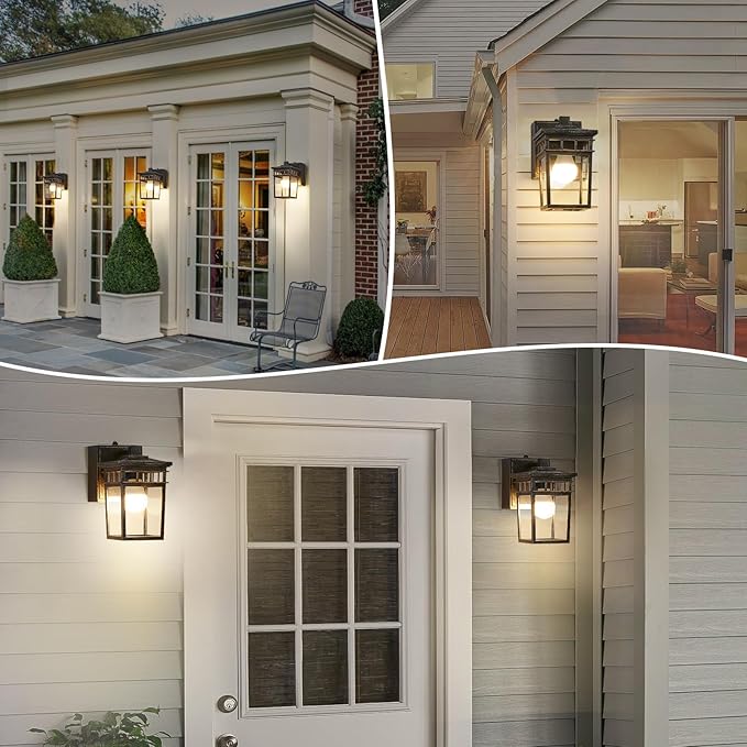 Outdoor Wall Lantern with GFCI Outlet Dusk to Dawn Outdoor Lighting with Clear Glass Shade Waterproof Outside Porch Lights for House Garage Front Door Bulb Included (Black with Brushed Gold)