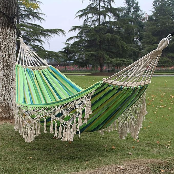 Canvas Hammock Swing with Spreader Bar Thickened Boho Style with Fringed Design Portable for Indoor/Outdoor Use 200x150cm 441lb Capacity Travel &amp Porch Relaxation