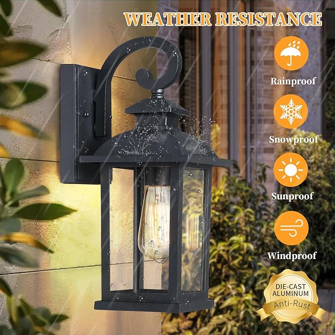 Outdoor Wall Sconce Lights 2-Pack Anti-Rust Aluminum Outdoor Porch Lights Wall Mount Black Exterior Lighting Fixtures with Tempered Glass 15 Medium Coach Lights for Garage House