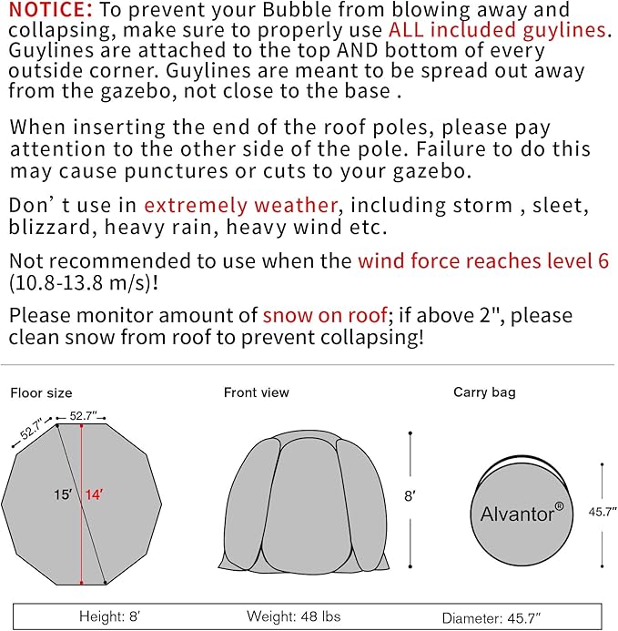 Alvantor® Pop Up Bubble Tent® - 15’ x 15’ Instant Igloo Tent® - 12-15 Person Screen House for Patios - Large Oversize Weather Proof Pod - Cold Protection Camping - Beige