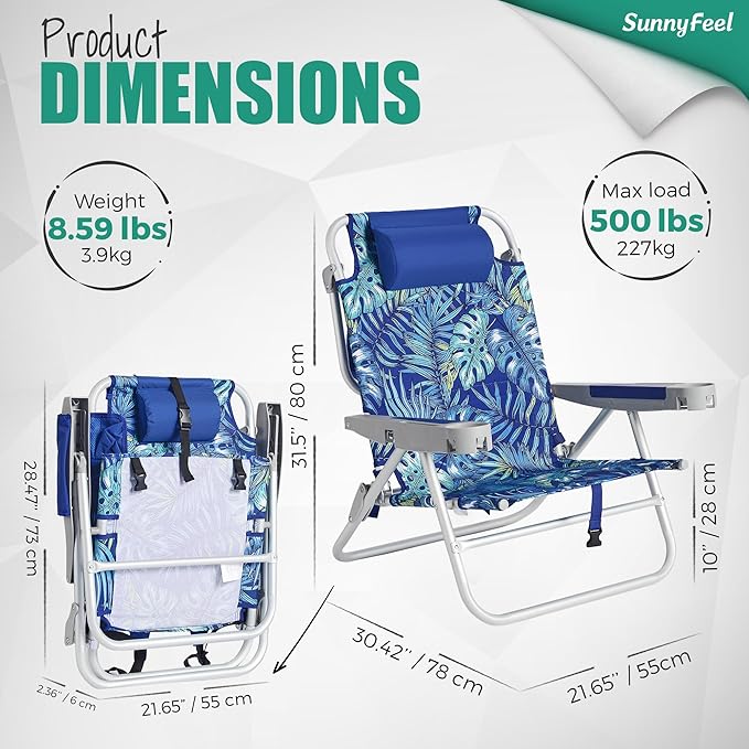 SUNNYFEEL Extra Wide Low Beach Chair 2 Pack 5 Position Lay XL Oversized Portable Folding Camping Chairs with Cup Holder for Outdoor/Sand Foldable Backpack Beach Chair for Adults Heavy Duty 500 LBS