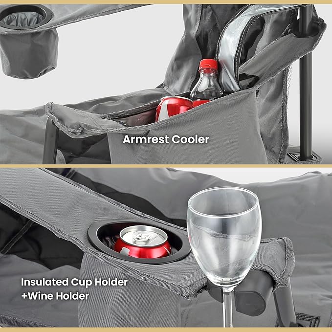 ARROWHEAD OUTDOOR Portable Deluxe Folding Camp Quad Chair w/Headrest Glass &amp Cup Holders Armest 6-can Cooler Heavy Duty Carry Bag 550 lbs Weight Capacity