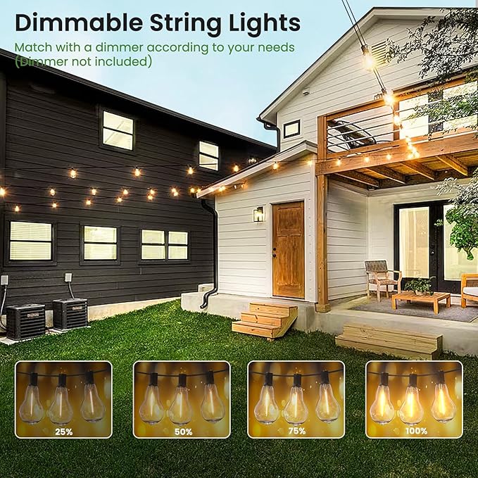 Outdoor String Lights 50FT LED String Lights for Outside with 27 A39 Waterproof Edison Bulbs (2 Spare) Patio Lights Outside Hanging for BistroBalconyPorchYardGardenBlack Cord