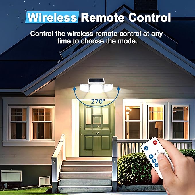 White Solar Security Light Outdoor Super Bright LED Motion Sensor Solar Flood Light 3 Heads 270° Wide AngleRemote Control IP65 Waterproof 3 Modes (3 Packs)