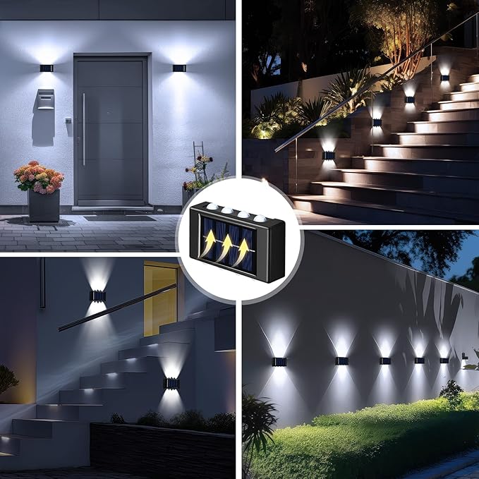 8 Pack Solar Wall Lights for Outside 6000K Cold Solar Fence Lights Up and Down LED Autumn Outdoor Decorative Waterproof Lamps Dusk to Dawn LED Lighting Wall Sconces for Outside Deck Garage