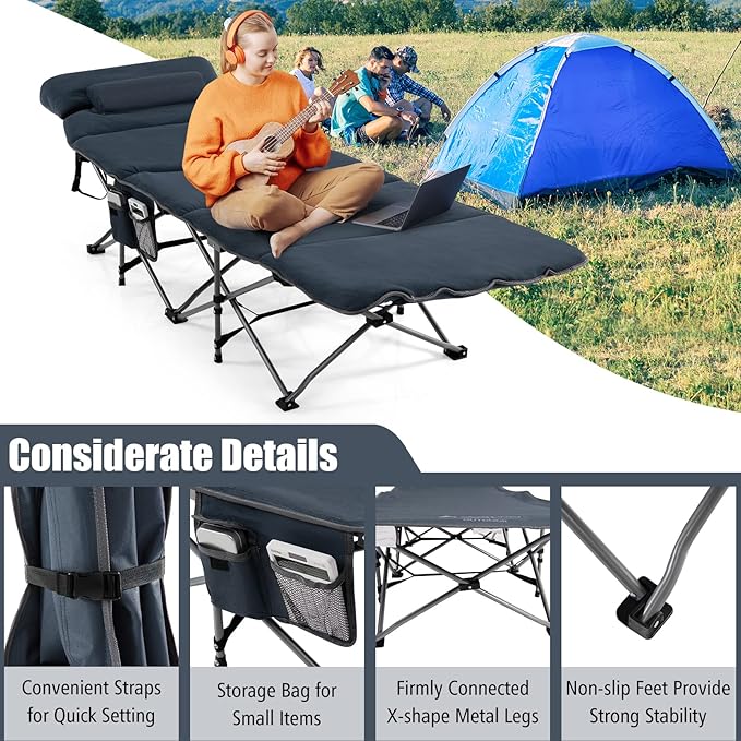 Goplus Camping Cot Folding Camping Cot with Mattress Pillow Carry Bag Storage Pocket Camping Bed Military Cot for Home Office Nap Hiking Heavy-Duty Portable Sleeping Cot for Adults Kids (Blue)