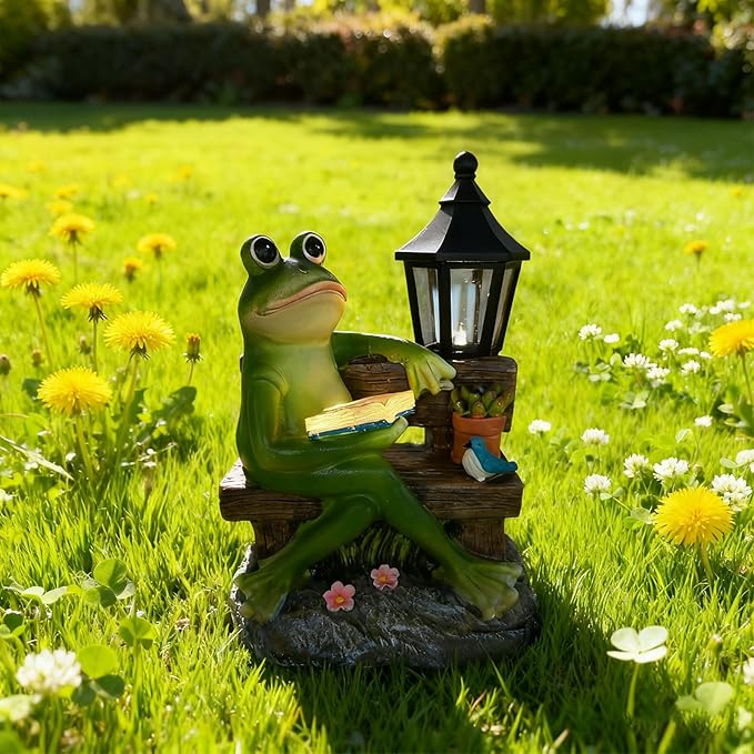 Reading Frog Solar Garden Statue with Lantern Light - Outdoor Decorative Resin Sculpture Weather-Resistant LED Solar Figurine for Yard Patio Garden Path Porch Ambience Lighting Decor