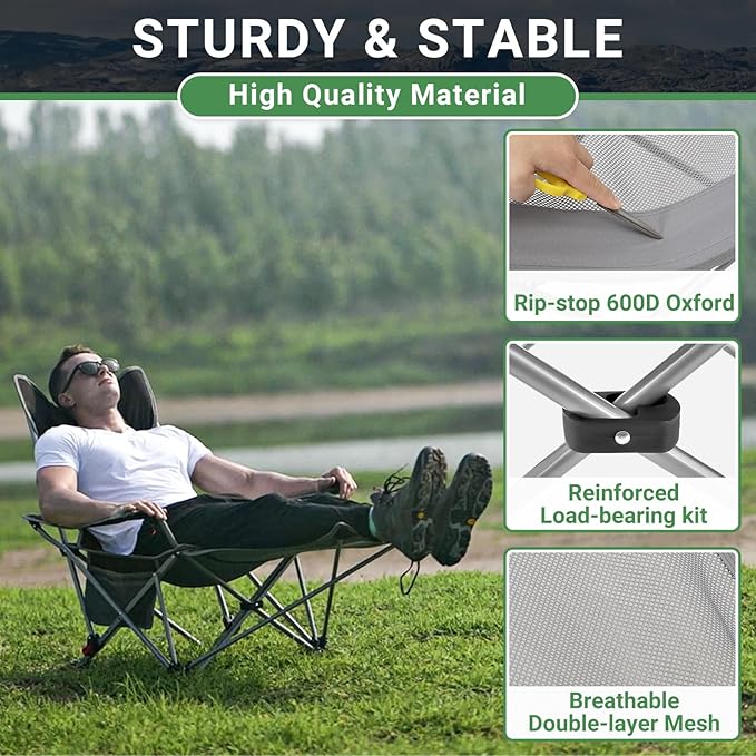 #WEJOY 2-in-1 Reclining Camping Chair Lightweight Folding Camping Chair with Adjustable Backrest &amp Footrest Camping Lounge Chair with Headrest Cup Holder Storage Bag for Beach Lawn Concert
