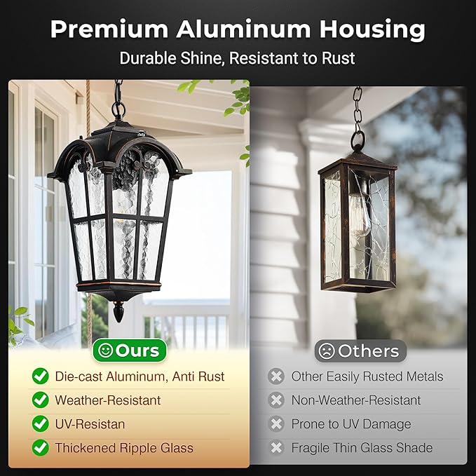 Large 18.7 Outdoor Pendant Light with Dusk to Dawn Sensor Vintage ORB Outdoor Chandelier with Ripple Glass Aluminum Outside Hanging Lighting Pendant Lights for Porch Doorway Entryway