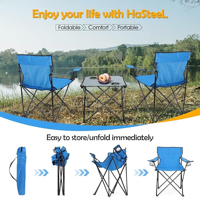 HaSteeL Folding Camping Chair Set of 3 Foldable Blue Camp Chairs &amp Grey Table Large Lawn Chair Portable for Adults Hiking Fishing Picnic Outdoor BBQ Travel Sports Cup Holders &amp Storage