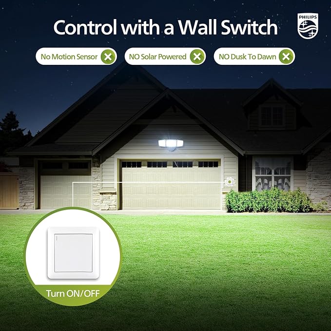 Philips 72W 7400LM LED Flood Lights Outdoor Switch Controlled Aluminum Security Lights 3 Adjustable Heads Wall Mount 5000K Daylight Waterproof for Yard Garage (2 Packs)
