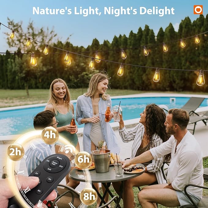 addlon 54FT(48FT+6) Solar String Lights Outdoor Waterproof with USB Port &amp Remote Control Solar Patio Lights for Outside Solar Powered with 16 LED Dimmable Bulbs for Porch Garden Deck Halloween